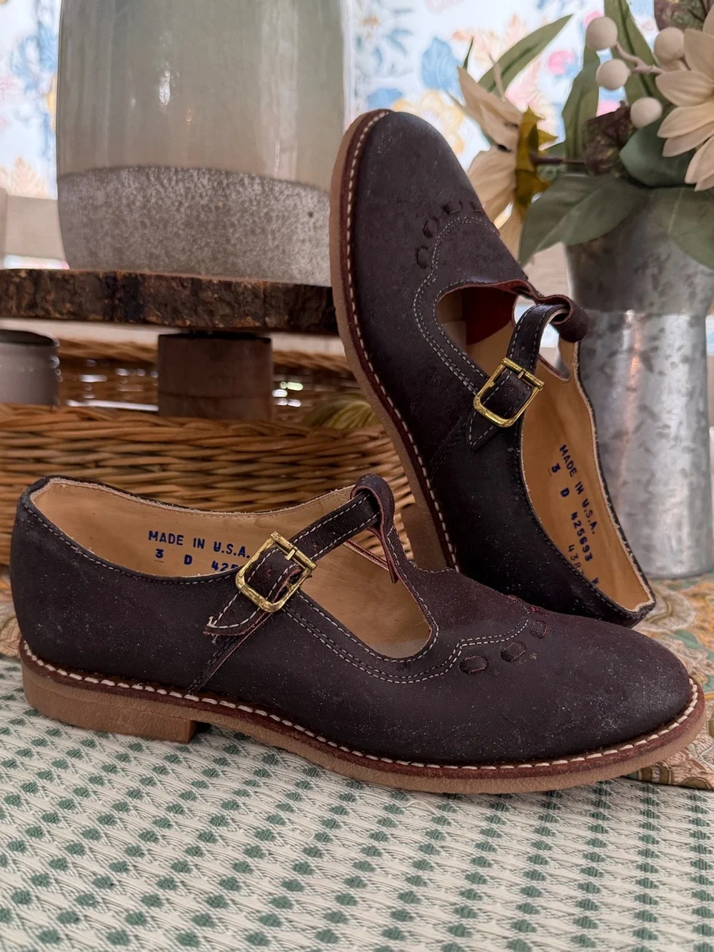 Vintage Handmade Dark Brown Suede Mary Jane Leather Shoes with Buckle Sz 3
